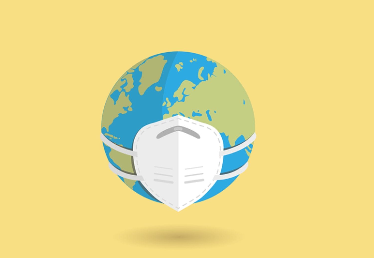 Earth wearing a medical mask against a yellow background, symbolizing global adaptation during the pandemic.
