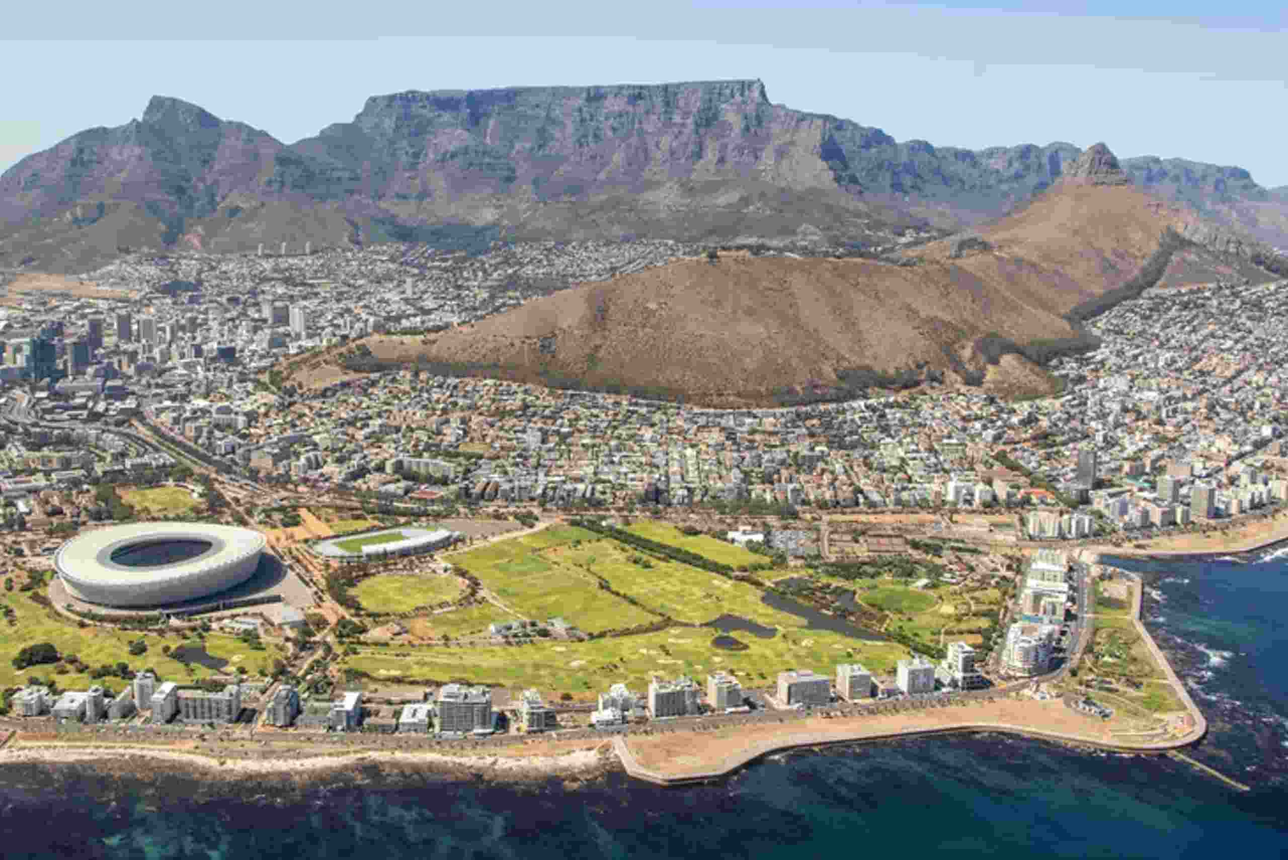 Bird's-eye view of Cape Town, revealing the urban layout and stunning coastal surroundings.