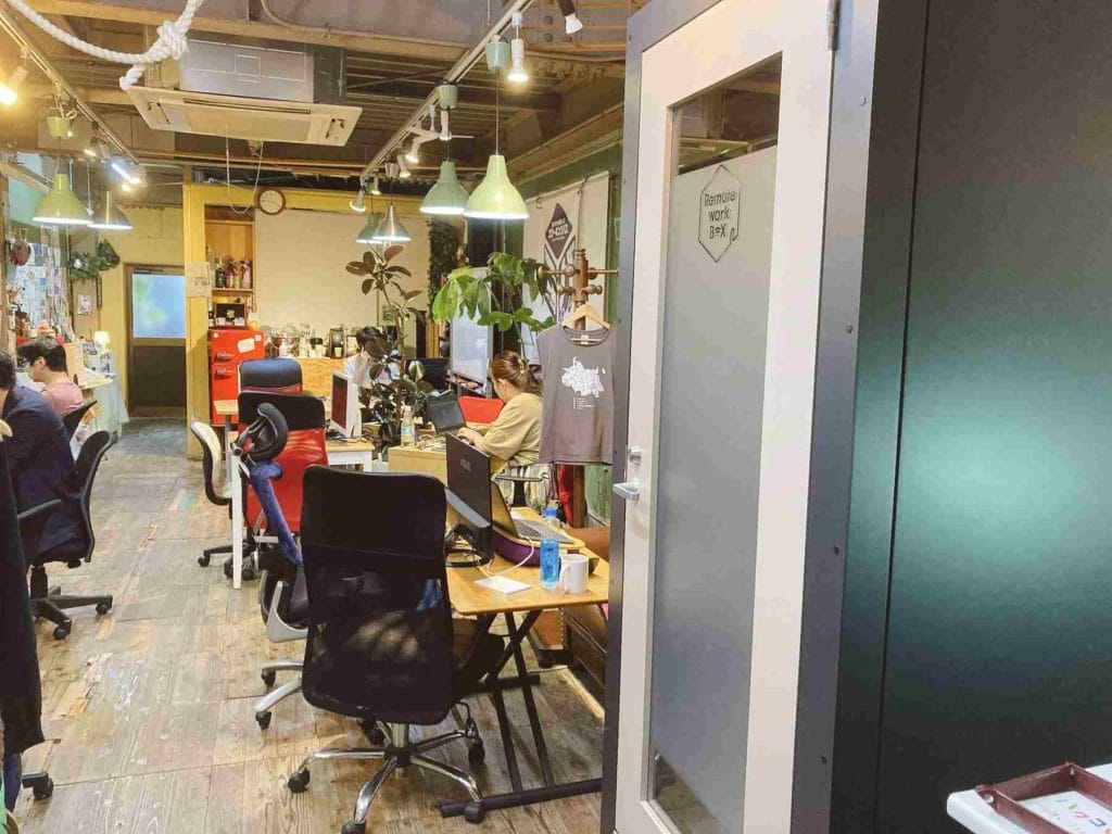 An energetic coworking space in Tokyo, featuring professionals focused on their tasks amidst a vibrant office atmosphere.
