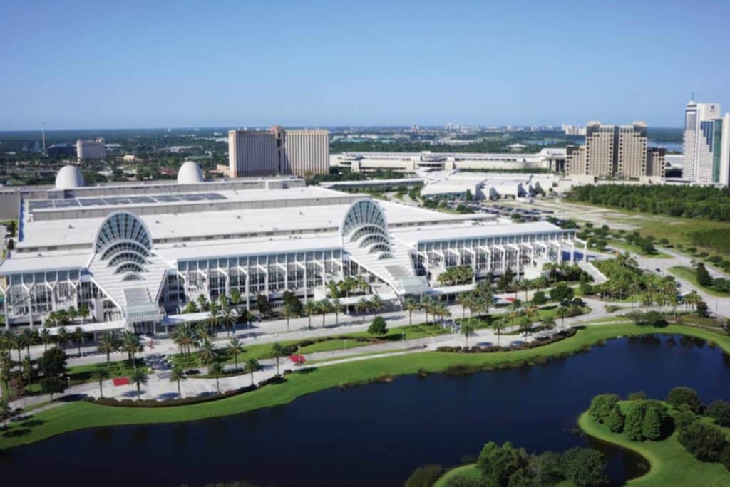A view of the Orange County Convention Center in Orlando, Florida, showcasing its modern architecture and spacious surroundings.