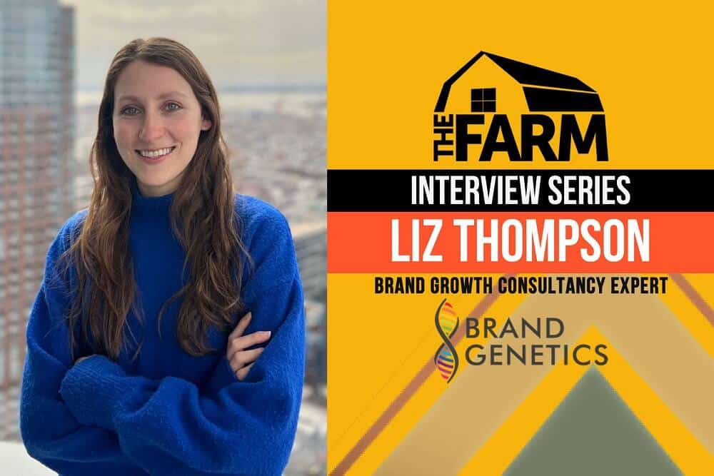 Liz Thompson featured in The Farm SoHo Interview Series, with her portrait and a banner showcasing her role as a brand growth consultancy expert.